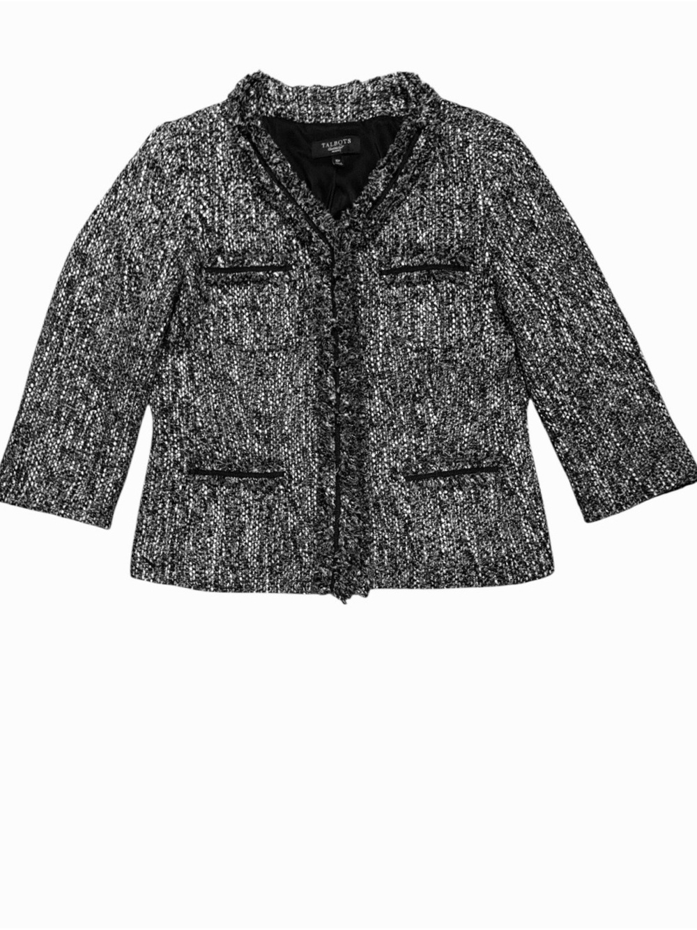 Talbots Petite Tweed Jacket Blazer Black White Fringe Trim Size 10P